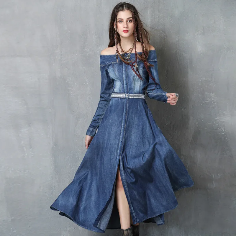 2018 autumn new ladies word collar denim vintage embroidered belt long sleeve dress female
2018 autumn new ladies word collar denim vintage embroidered belt long sleeve dress female