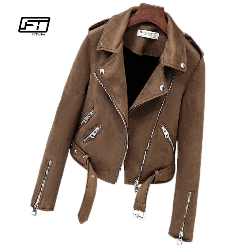 Image Fitaylor New Autumn Faux Suede Womens Motorcycle Jacket Faux Leather Jacket Women Biker Jacket Slim White PU Coat