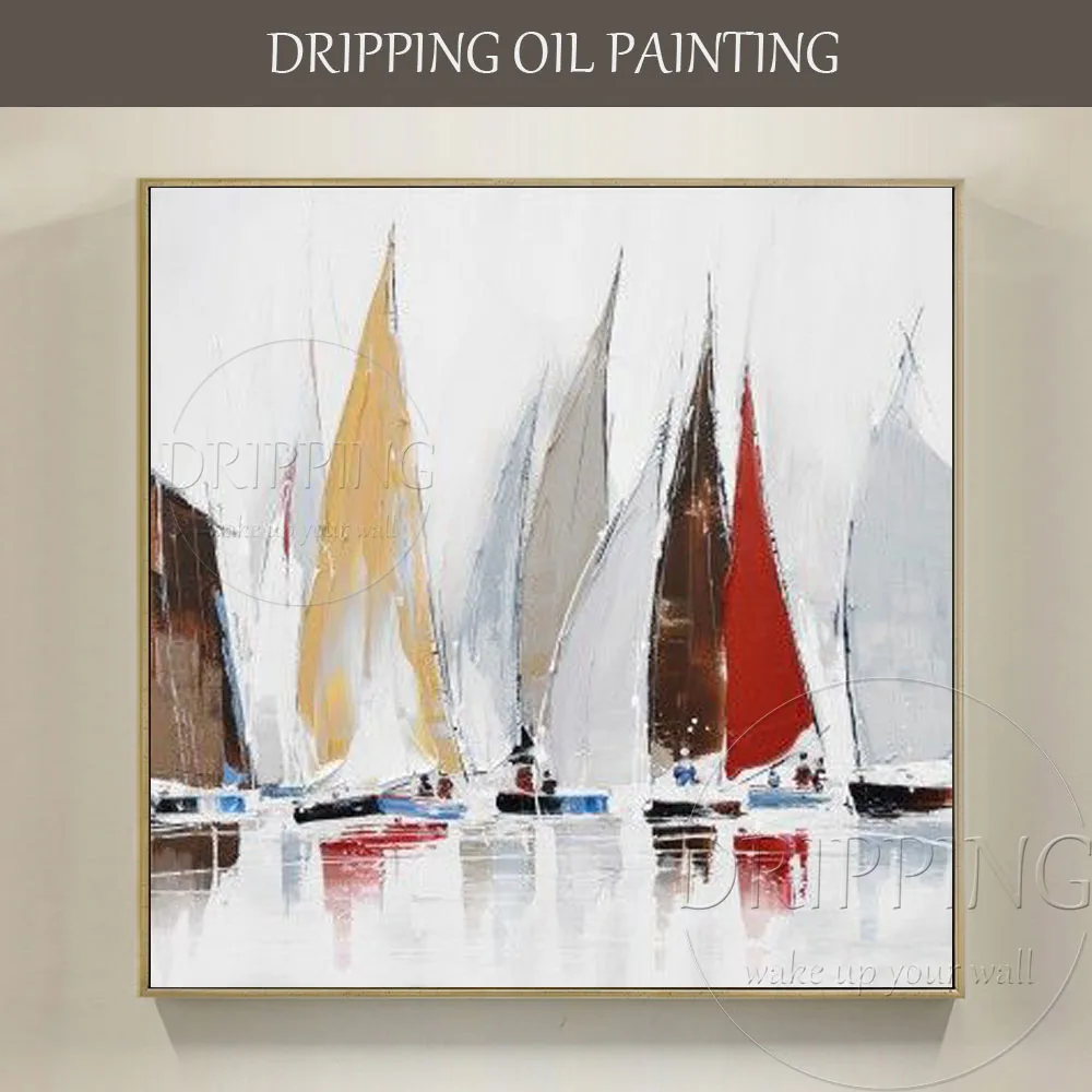 

Simple Design Artist Hand-painted High Quality Abstract Boats Landscape Oil Painting on Canvas Many Boats Painting for Wall Art