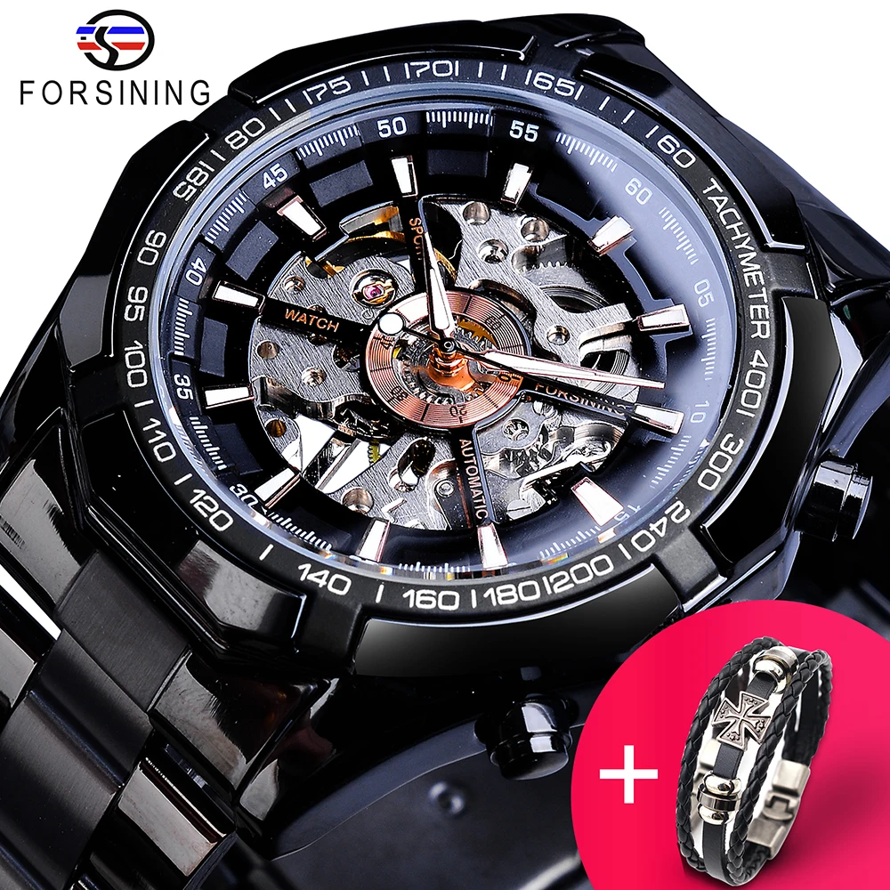 

Forsining Watch +Bracelet Set Combination Racing Sport Clock Luminous Hands Men Mechanical Watches Black Steel Relogio Masculino