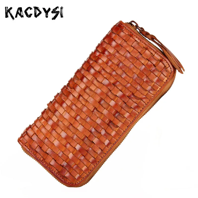 Hand-woven Unisex Wallets Zipper Vintage Trend Men Clutch Purse Vertical Genuine Leather Luxury Women Wallet Card Case Carteira | Багаж и