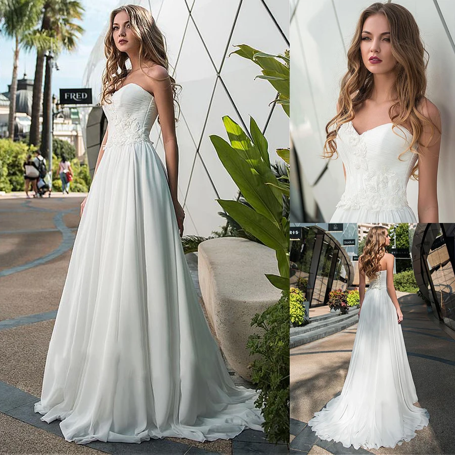 Modest Chiffon Sweetheart Neckline A-line Wedding Dresses With Beaded Lace Appliques Lace Up Bridal Dress Women
Modest Chiffon Sweetheart Neckline A-line Wedding Dresses With Beaded Lace Appliques Lace Up Bridal Dress Women
