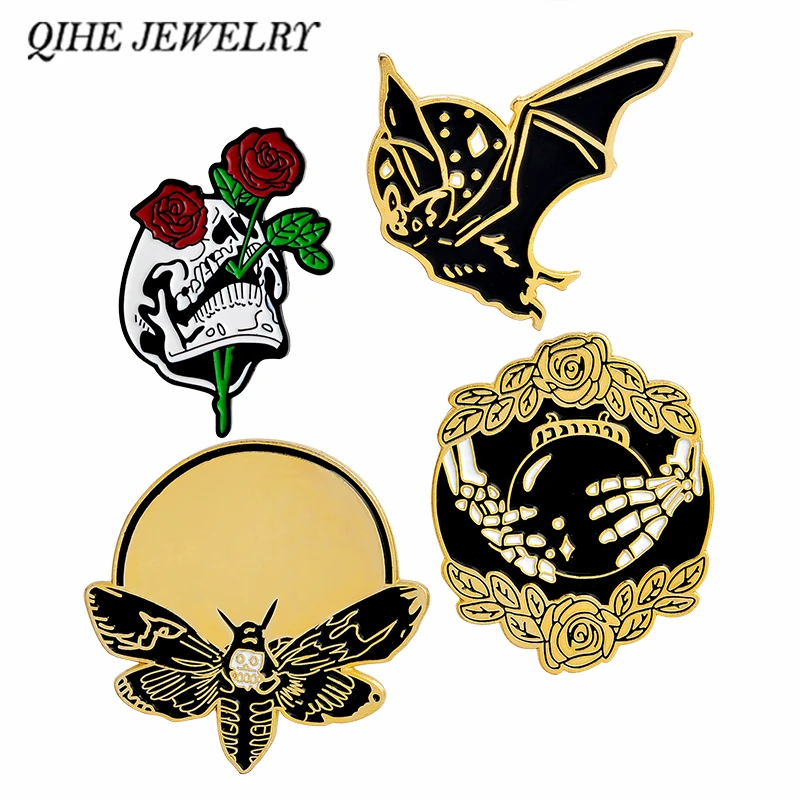 

QIHE JEWELRY Bat Bee Rose Skull Hand with crystal ball Skeleton pin Brooch Enamel lapel pin Backpack Jeans Punk pins collection