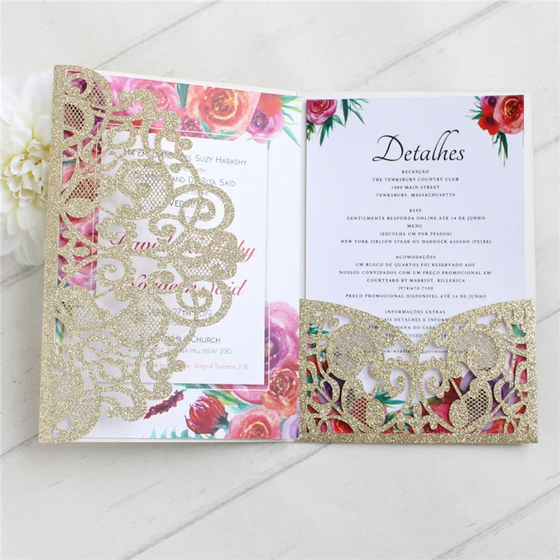 Золотая открытка приглашение на свадьбу с конвертом блестящая трехслойная