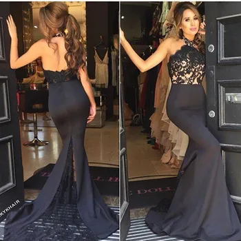 Sexy Halter Neck Backless Lace Appliques Prom Gown See Through Black Court Train Evening Dress for Wedding Party Custom Made
Sexy Halter Neck Backless Lace Appliques Prom Gown See Through Black Court Train Evening Dress for Wedding Party Custom Made