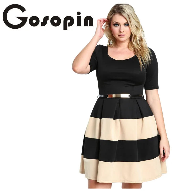 

Gosopin Big Girl 3XL Casual Autumn Short Sleeve Apricot Stripes Detail Belted Plus Size Skater Dress Vestido de Festa LC22806