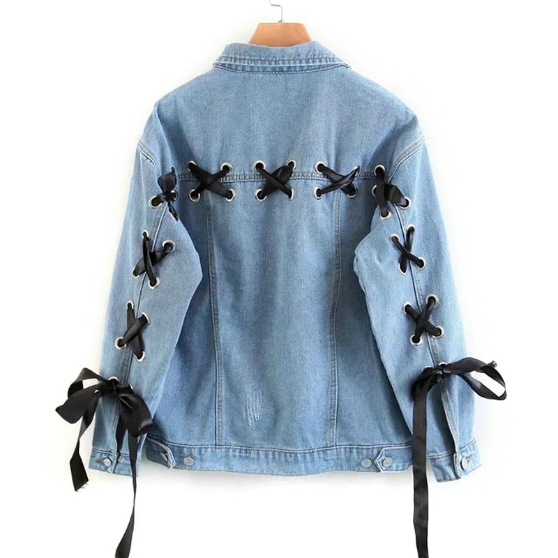 Spring Blue Lace Up Lattice Eyelets Back Classic Denim Jacket 2018 New Autumn Single Breasted Casual Women Oversized Coat
Spring Blue Lace Up Lattice Eyelets Back Classic Denim Jacket 2018 New Autumn Single Breasted Casual Women Oversized Coat