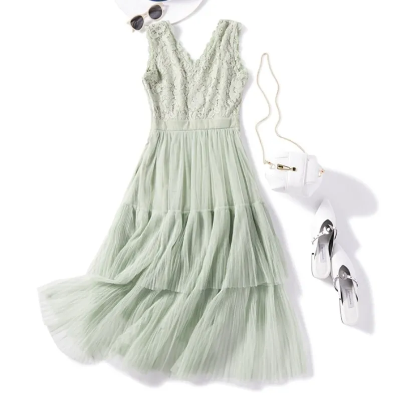 2019 Women Elegant Green Mesh Lace Dress Sleeveless Ruffle A-line Long Prom Party Dress Vestidos
2019 Women Elegant Green Mesh Lace Dress Sleeveless Ruffle A-line Long Prom Party Dress Vestidos