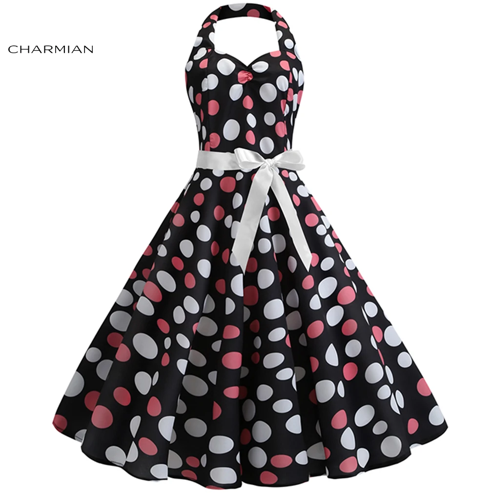 Charmian Women's Vintage Polka Dots Print Halterneck Sweetheart Bodice High Waist Summer Swing Dress
Charmian Women's Vintage Polka Dots Print Halterneck Sweetheart Bodice High Waist Summer Swing Dress