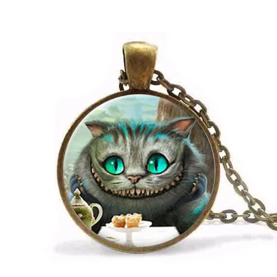 

Alice in Wonderland Necklace Cheshire Cat pendant Fairytale girl chain Jewelry women men gift vintage antique charm