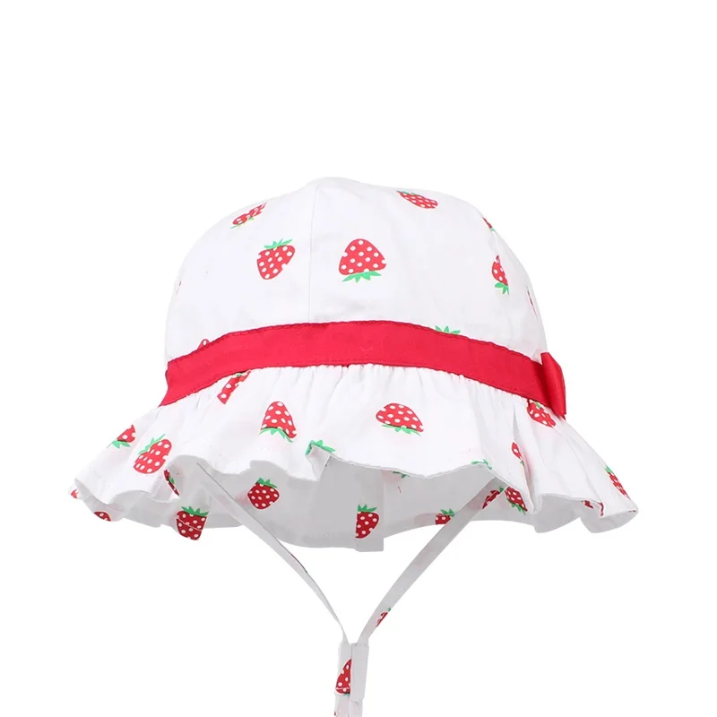 Bow Girls Panama Hat Stawberry Print Cute Hat For Girls Cotton Sweet Summer Sun Cap Wide Brim Bucket Cap Baby Girls Clothing (9)