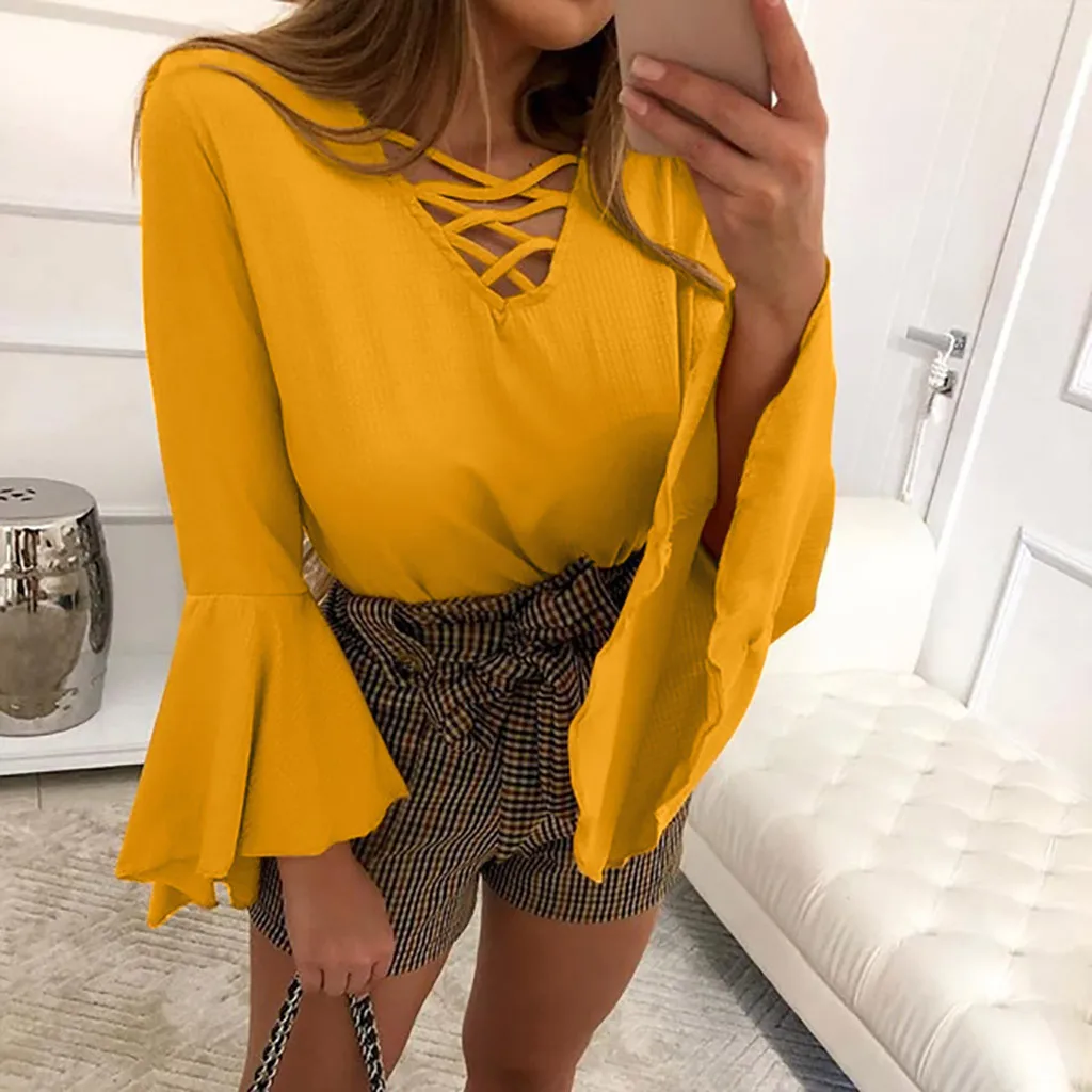2019 Autumn Women's Blouse Shirt Fashion Cross V-Neck Casual Slim Shirt Tops Solid Long Flare Sleeve Female Blouse Top
2019 Autumn Women's Blouse Shirt Fashion Cross V-Neck Casual Slim Shirt Tops Solid Long Flare Sleeve Female Blouse Top