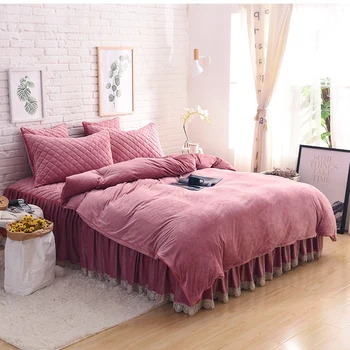 

Bean Paste Purple Pink Gray Red Soft Fleece Fabric Bedding set Flannel Duvet Cover Thick Lace Bed Skirt Fitted Sheet Pillowcases