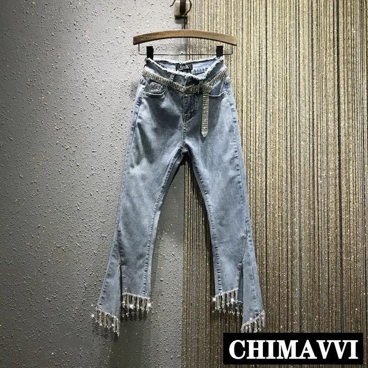 Rhinestone Tassel Chain Jeans Pants 2019 Summer New Women's High Waist Split Slim Stretch Denim Pants Flare Trousers
Rhinestone Tassel Chain Jeans Pants 2019 Summer New Women's High Waist Split Slim Stretch Denim Pants Flare Trousers