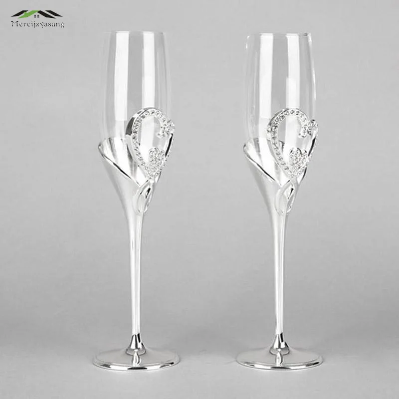 Image 2pcs Silver wedding champagne flutes red wine glass of brandy goblet crystal cup drinking glasses stemware cup taza de vidrio