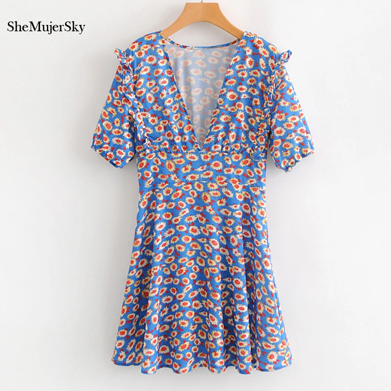 SheMujerSky Woman Dress 2018 Spring Summer V-neck Floral Elegant Short Sleeve Mini Dress vestidos de festa
SheMujerSky Woman Dress 2018 Spring Summer V-neck Floral Elegant Short Sleeve Mini Dress vestidos de festa