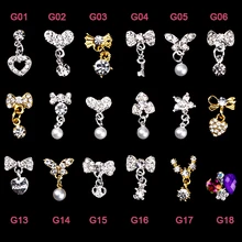 18 スタイル蝶ネクタイハートデザイン合金ネイルアート装飾クリスタルブライトパールネイルアートの装飾ネイルジュエリーペンダント(China)