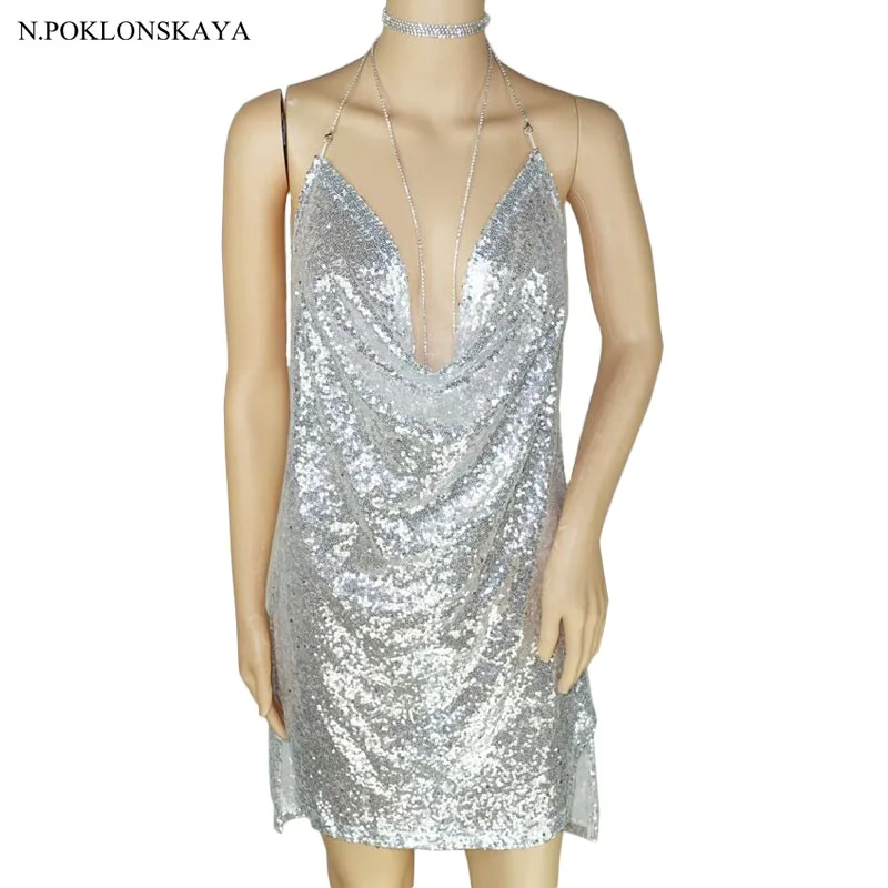 Luxury Sequined Dress Sexy Deep V Halter Backless Metal Women Split Sleeveless black Mini Party Dresses 2017 ukraine Vestidos
Luxury Sequined Dress Sexy Deep V Halter Backless Metal Women Split Sleeveless black Mini Party Dresses 2017 ukraine Vestidos