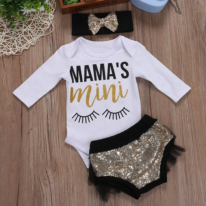 3PCS Set Newborn Baby Girl Clothes Mama's Mini Long Sleeve Cotton Romper Bodysuit Tops+Sequins Lace Shorts Headband Clothing
3PCS Set Newborn Baby Girl Clothes Mama's Mini Long Sleeve Cotton Romper Bodysuit Tops+Sequins Lace Shorts Headband Clothing
