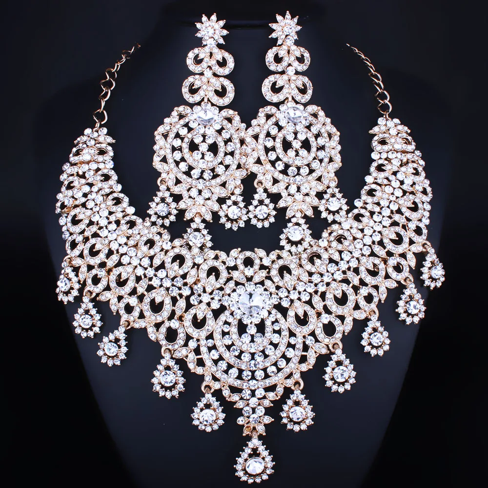Middle Eastern bride necklace earrings two-piece luxury full crystal wedding jewelry sets dubai gold jewelry sets for women
Middle Eastern bride necklace earrings two-piece luxury full crystal wedding jewelry sets dubai gold jewelry sets for women