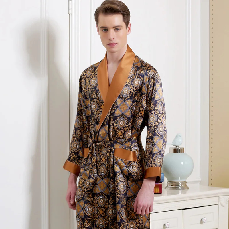 

Silk Robes Male Long-Sleeve Fashion Printed Bathrobe Robe 100% Silk Men's Sleepwear Kimono Home Furnishing large code
