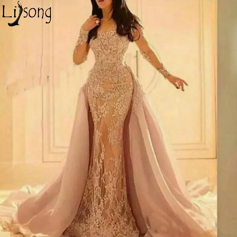 2018 Long Sleeved Lace Evening Dresses with Organza Over Skirt Mermaid Illusion Slit Skirt and Sheer Full Sleeves Evening Gowns179