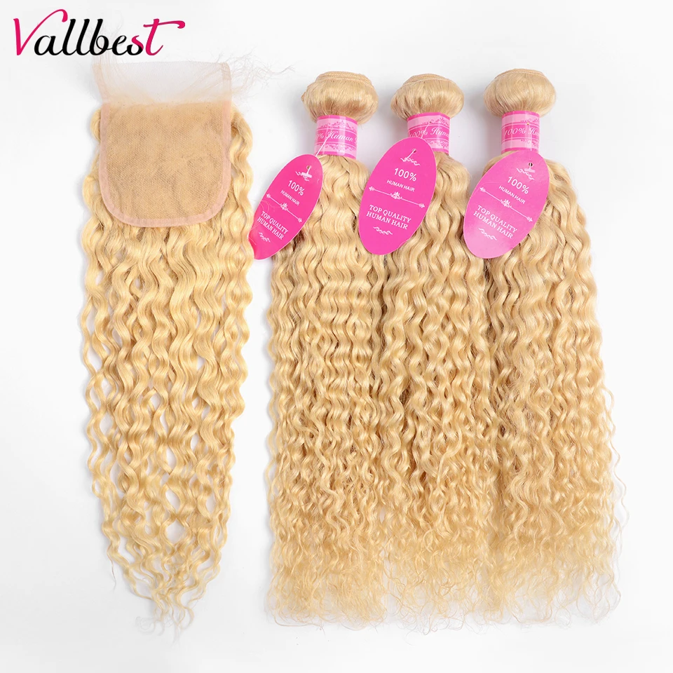 

Vallbest 613 Blonde Bundles With Closure Peruvian Water Wave Remy Human Hair 3 Bundles With Closure No Shedding Free Shipping