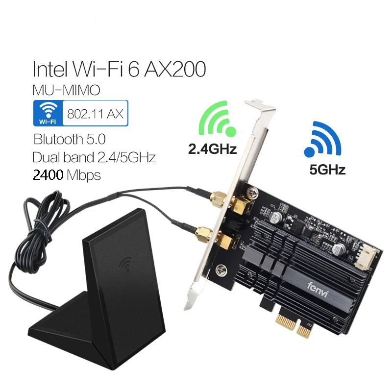Desktop Dual Band 2400Mbps Wireless PCI-E Wifi Adapter Bluetooth 5.0 With Intel Wi-Fi 6 AX200 802.11ax/ac 2.4G/5G Card For PC
Desktop Dual Band 2400Mbps Wireless PCI-E Wifi Adapter Bluetooth 5.0 With Intel Wi-Fi 6 AX200 802.11ax/ac 2.4G/5G Card For PC