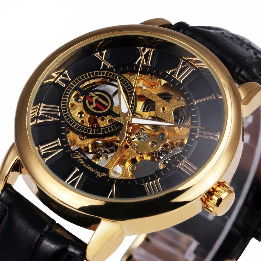

Forsining 3d Logo Design Hollow Engraving Black Gold Case Leather Skeleton Mechanical Watches Men Luxury Brand Heren Horloge