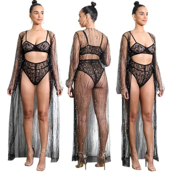 

Perspective Pearl Blouse Cape with Summer Beach mesh Pearls Open Stitch Wide-waisted Cloak