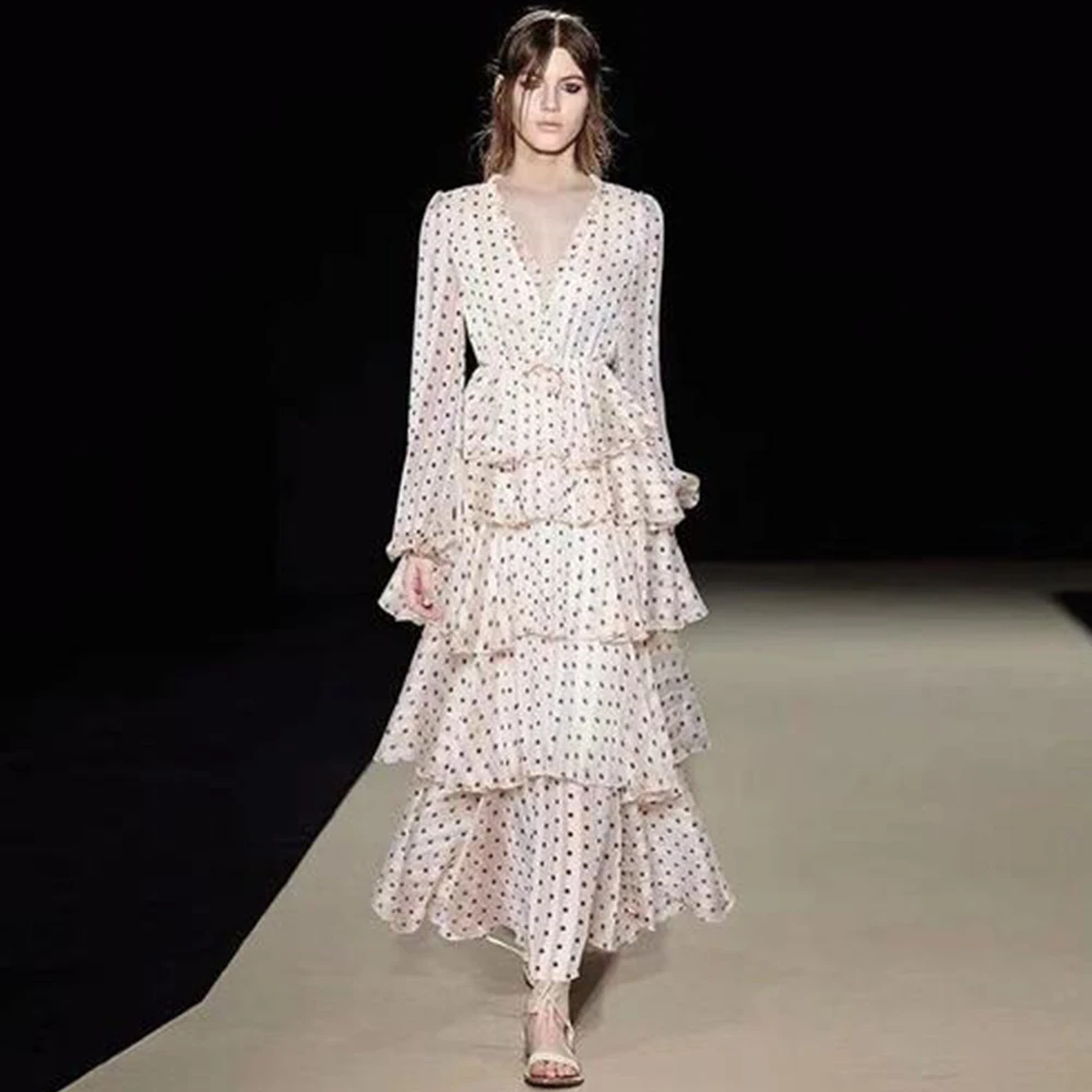 Runway Dot Print Fashion Ruffled Long Beach Bohemian Dress Women Summer V neck Lantern Sleeve Casual Party Chiffon Maxi Dresses
Runway Dot Print Fashion Ruffled Long Beach Bohemian Dress Women Summer V neck Lantern Sleeve Casual Party Chiffon Maxi Dresses