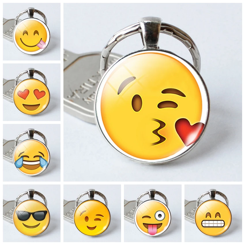 

HOT SALE Silver Color Multi Emoji Pictures Glass Cabochon Keychains Smile Smileys Face Key Chain Keyring Key Holder Jewelry Gift
