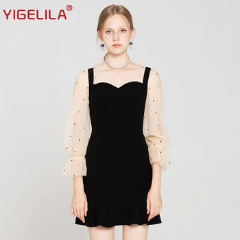 YIGELILA Fashion Women Little Black Dress Autumn V-neck Lantern Sleeve Mesh Patchwork Empire Slim Ruffles Mermaid Dress 64259
YIGELILA Fashion Women Little Black Dress Autumn V-neck Lantern Sleeve Mesh Patchwork Empire Slim Ruffles Mermaid Dress 64259