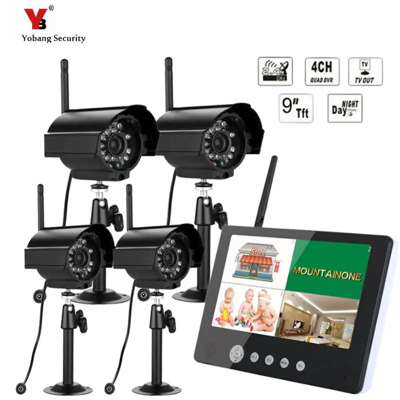 

9" TFT LCD DVR Monitor 2.4GHz Digital Wireless 4CH CCTV DVR Security Camera Surveillance System with 4 Cameras kit