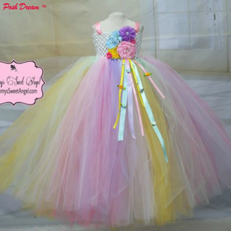 

POSH DREAM Rainbow Pageant Kids Girls Tutu Dress Flower Pastel Rainbow Unicorn Children Party Dress Flower Birthday Kids Clothes