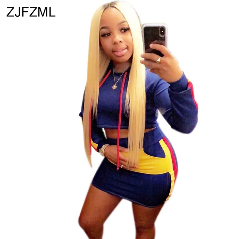 ZJFZML Autumn 2 Piece Outfit Female Clothes Women Full Sleeve Hooded Crop Top+Bandage Skirts Set Casual Contrast Color Sweatsuit
ZJFZML Autumn 2 Piece Outfit Female Clothes Women Full Sleeve Hooded Crop Top+Bandage Skirts Set Casual Contrast Color Sweatsuit