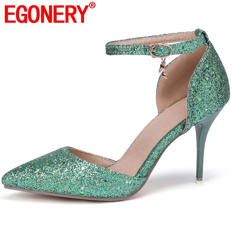 EGONERY women tow piece bling high heels ladies pointed toe ankle buckle thin heel sexy party shoes 8.5 cm high heels plus size
EGONERY women tow piece bling high heels ladies pointed toe ankle buckle thin heel sexy party shoes 8.5 cm high heels plus size