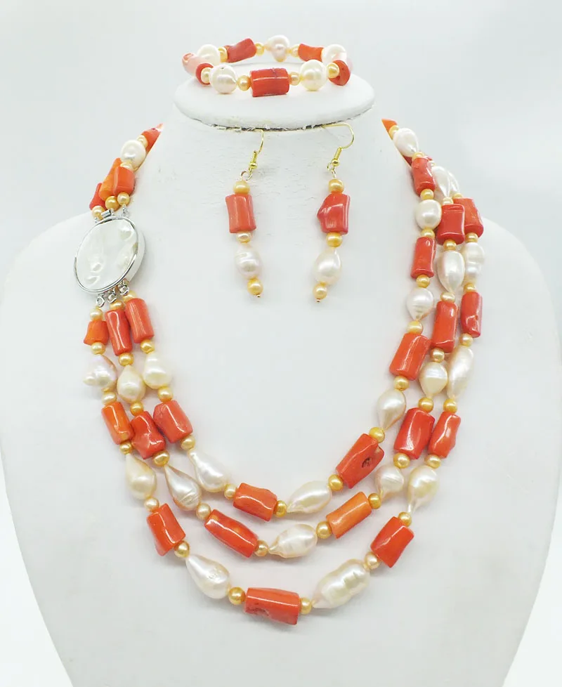 3 rows Classic Bridal Wedding Necklace Set,Genuine Natural Coral, Baroque Pearl, Necklace. Bracelet. Earrings,Only one necklace
3 rows Classic Bridal Wedding Necklace Set,Genuine Natural Coral, Baroque Pearl, Necklace. Bracelet. Earrings,Only one necklace