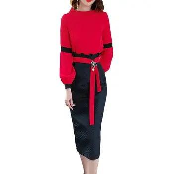 Fashion 2 Piece Set Women O-Neck Contrast Color Lantern Sleeve Top + Slim Bodycon Pencil Skirt Sets Female Elegant Chic Sets J56
Fashion 2 Piece Set Women O-Neck Contrast Color Lantern Sleeve Top + Slim Bodycon Pencil Skirt Sets Female Elegant Chic Sets J56
