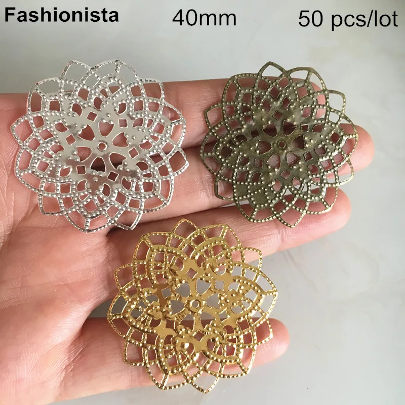 50 шт-40 мм металлическая филигрань цветы ювелирные изделия компоненты Золотые
