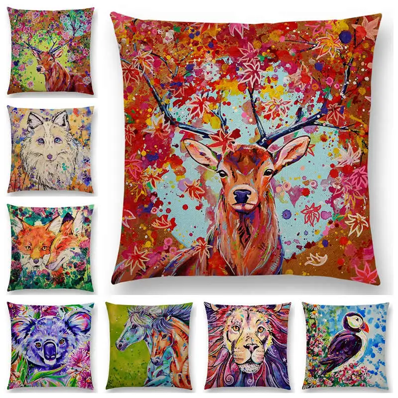 

Oil Painting Animals ELK Cushion Cover Deer Lion Dogs Fox Bird Horse Sofa Throw Pillow Case