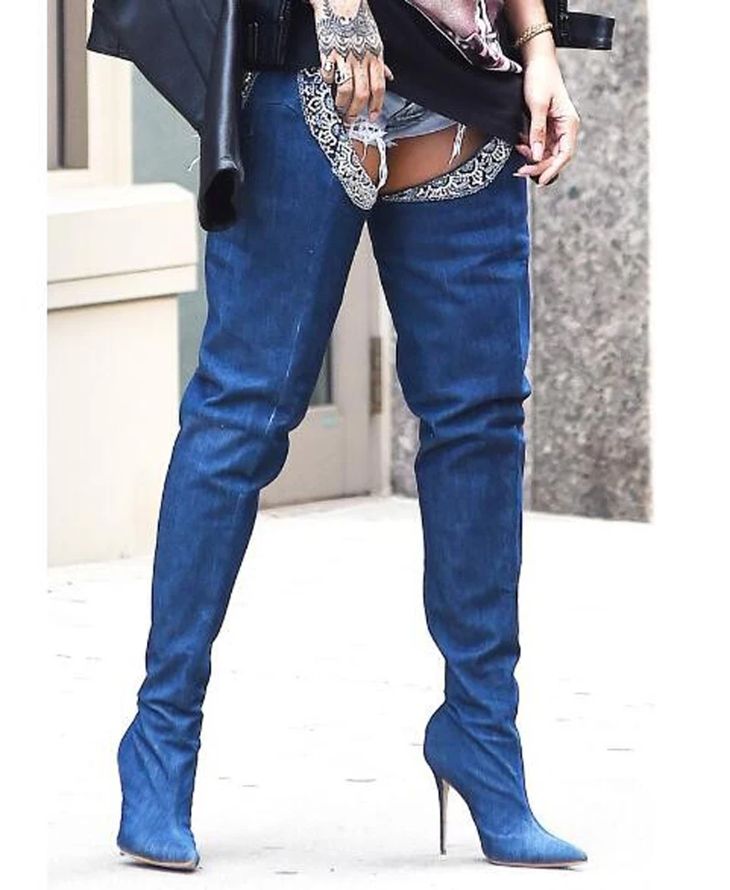 New Popular Women Fashion Pointed Toe Waist Long Denim High Heel Boots Sexy Thigh Jean Boots Buckle Design Boots Real Pictures
New Popular Women Fashion Pointed Toe Waist Long Denim High Heel Boots Sexy Thigh Jean Boots Buckle Design Boots Real Pictures