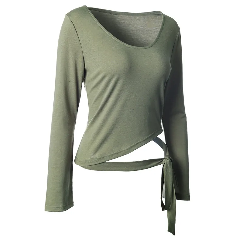 Lumier Women's Sports T-shirt Scoop Neck Wrap Bandage Tie Yoga Ballet Dance Top Breathable Autumn Sportswear Sport Jerseys Shirt (4)