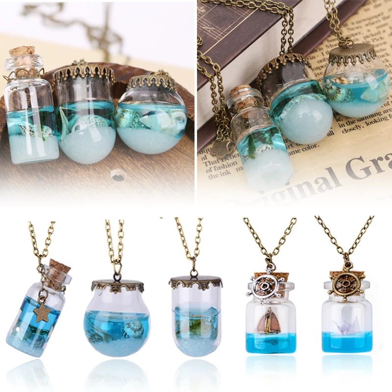 Vintage Mermaid Tears Shells Star Vial Necklace Shellhard Blue Sea Ocean Glass Wish Bottle Necklaces & Pendants Unisex Jewelry