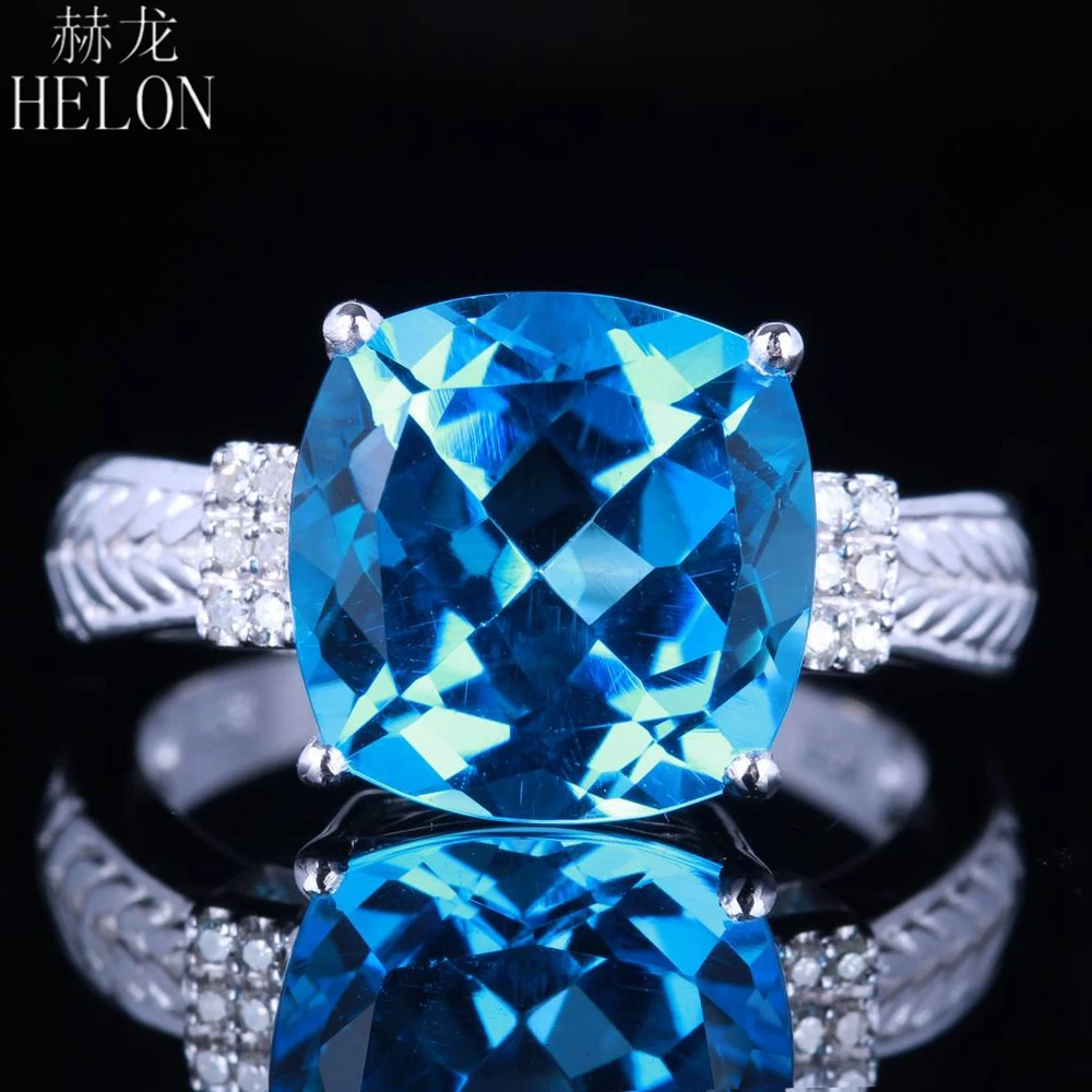 

HELON Romantic Certified Cushion 10mm Swiss Blue Topaz Diamonds Ring Solid 14K White Gold For Women Engagement Gift Fine Jewelry