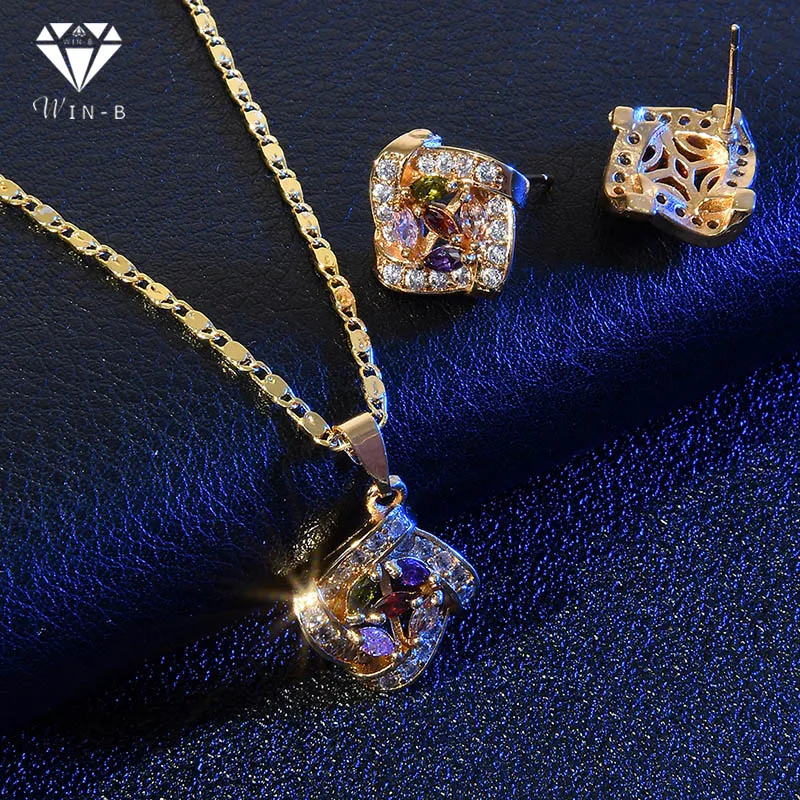 WIN-B Artistic CZ Stones Sieraden Colorful Crystal Gold Pendant Necklace Earring Women bridal jewelry sets joyas gifts for women
WIN-B Artistic CZ Stones Sieraden Colorful Crystal Gold Pendant Necklace Earring Women bridal jewelry sets joyas gifts for women