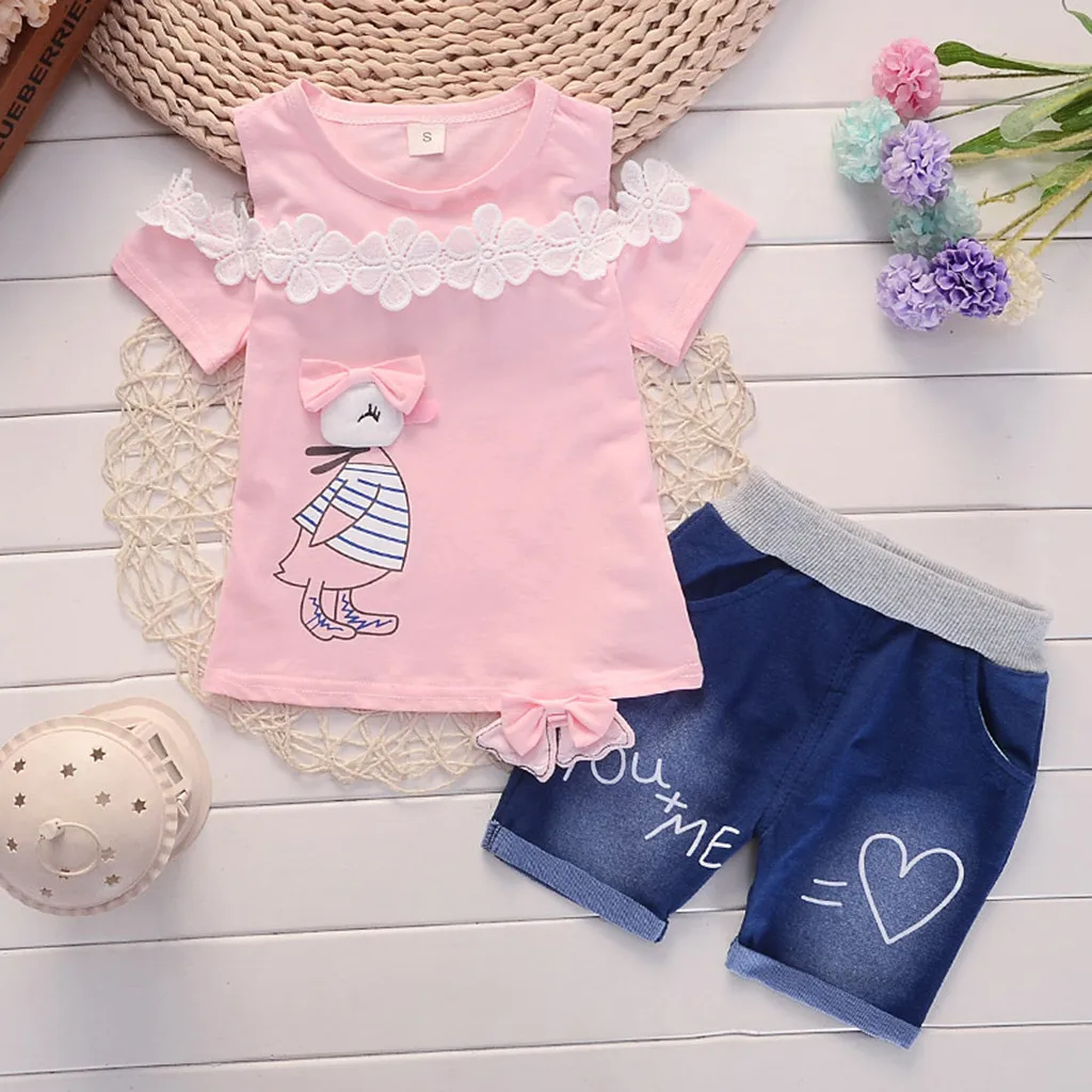 Newest summer Toddler Baby Girls Kawaii pink O-Neck Short Sleeve Cartoon Print Tops+Denim Shorts Set Soft Outfits Kids' things
Newest summer Toddler Baby Girls Kawaii pink O-Neck Short Sleeve Cartoon Print Tops+Denim Shorts Set Soft Outfits Kids' things