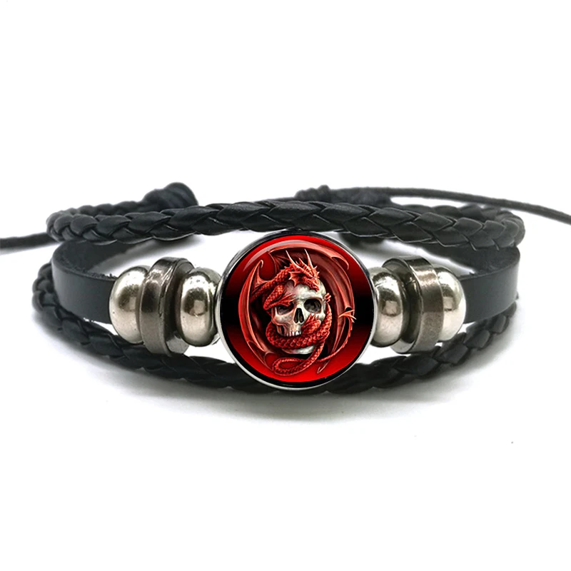 Men Punk Style Evil Skull Dragon Glass Cabochon Button Bracelet Black Braided Leather Bracelet
Men Punk Style Evil Skull Dragon Glass Cabochon Button Bracelet Black Braided Leather Bracelet