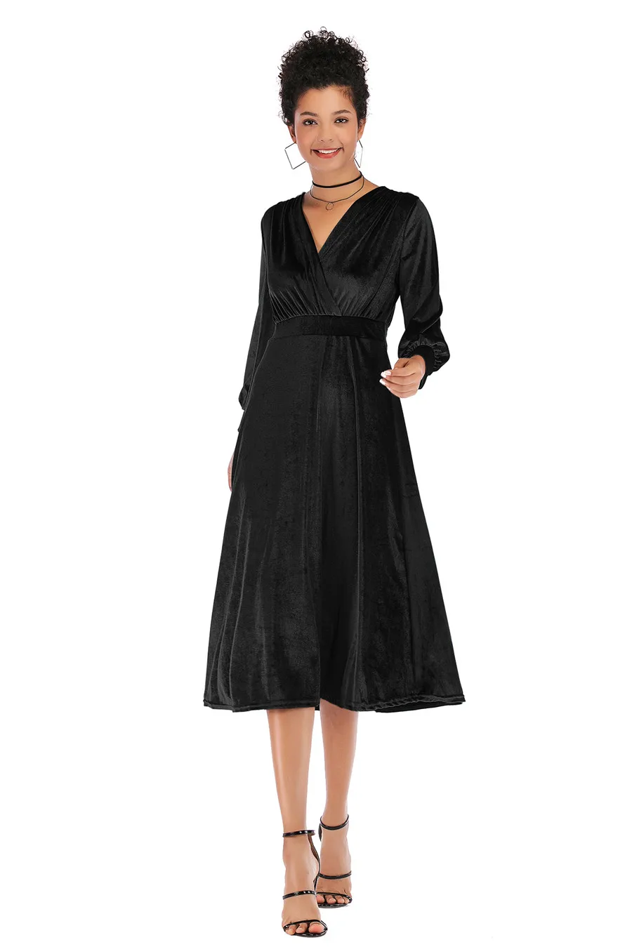 Gladiolus 2018 Autumn Winter Dress Women Long Sleeve V-Neck Tunic Swing Midi Sexy Gold Velvet Dress Women Evening Party Dresses (14)