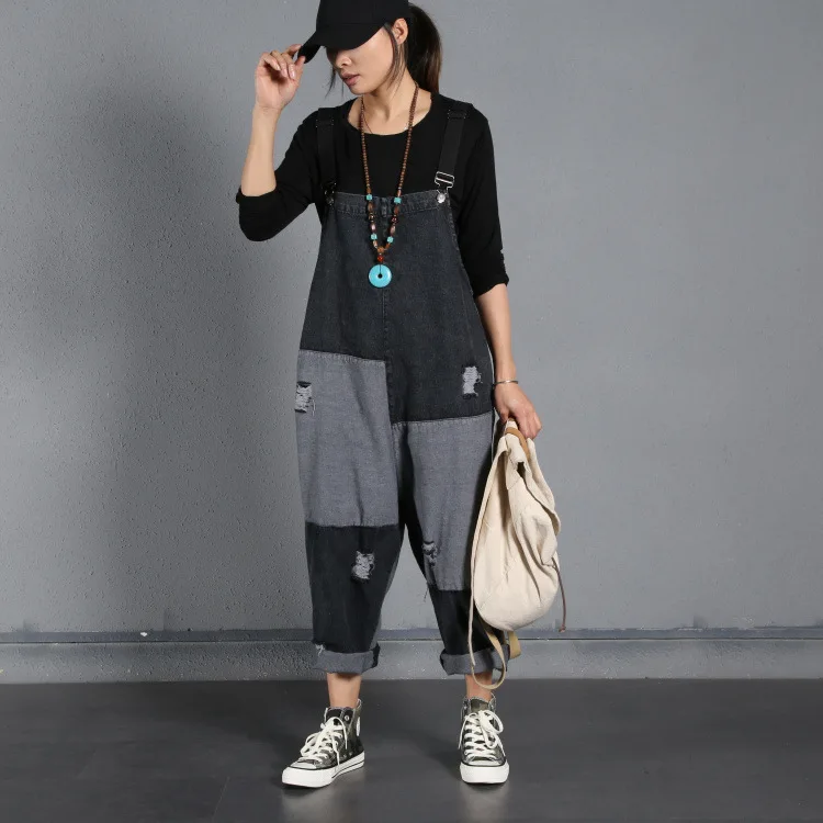 Loose Jumpsuit Hole Personality Cowboy Color Collar Bib Female Harem Pants Suspenders Women 2019
Loose Jumpsuit Hole Personality Cowboy Color Collar Bib Female Harem Pants Suspenders Women 2019